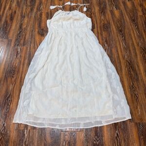 Q&A Cream Embroidered Maxi Dress Tassel Tie Pockets Womens Large Beige Beach